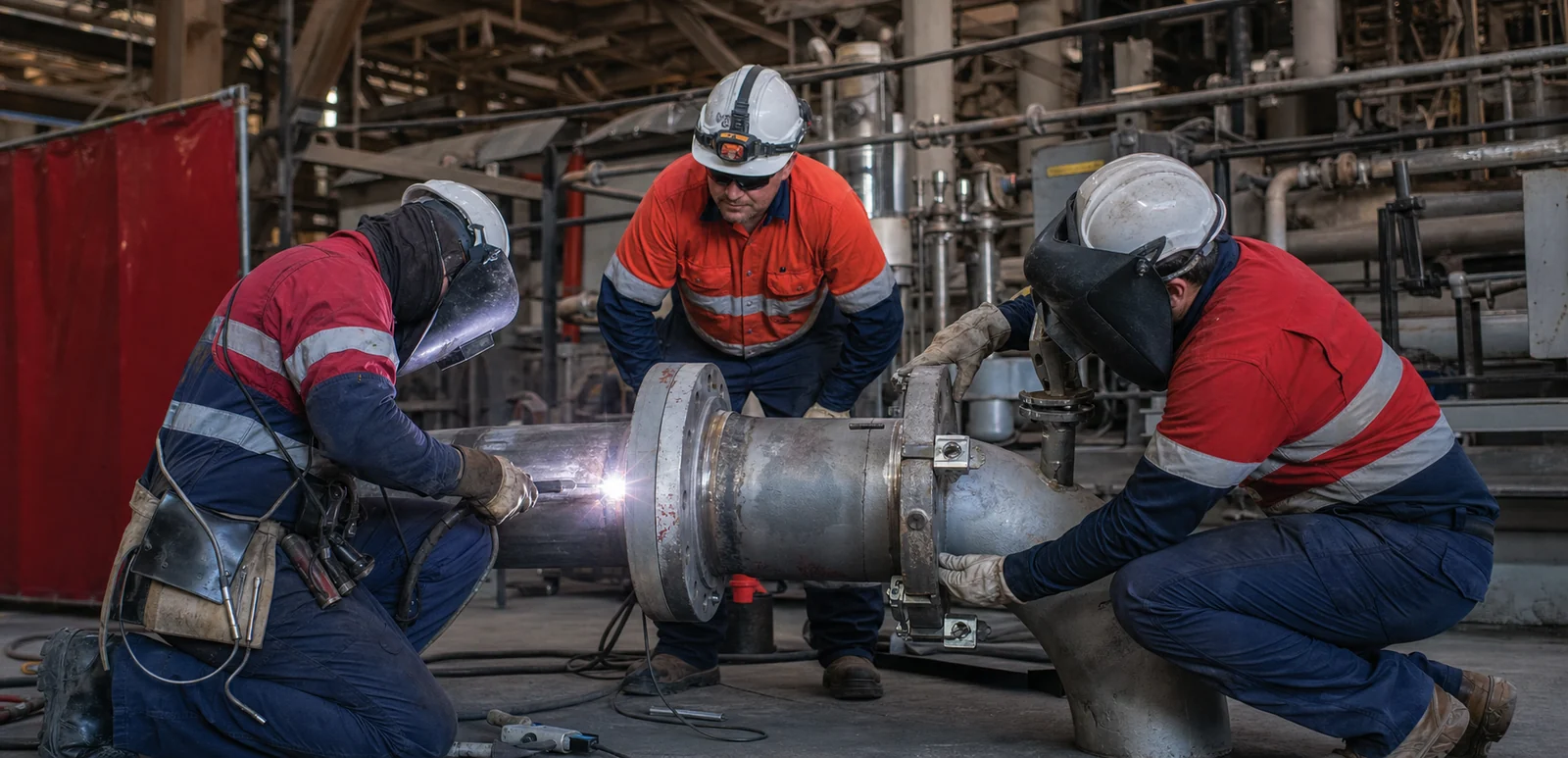 Industrial maintenance crew completing welding repair work